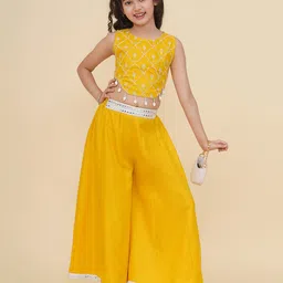 Bitiya By Bhama Cotton blend Woven Sleeveless Placement Embroidered Crop Top with Palazzo Set - Yellow-picture-4