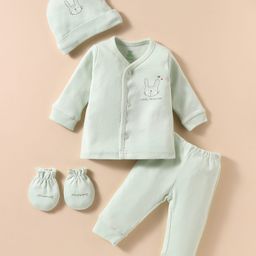 I Bears Interlock Knit Full Sleeves Animal Printed Front Open Night Suit With Cap & Mittens - Light Green-image-54