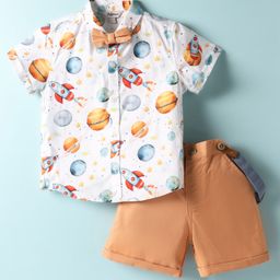 ToffyHouse Poplin Woven Half Sleeves Space Theme Printed Shirt & Shorts Set With Bow & Suspender - White & Peach-picture-45