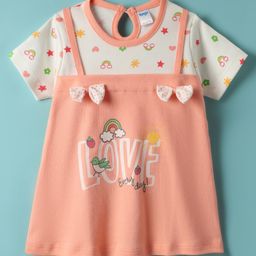 Tango Interlock Knit Half Sleeves Frock With Love Text Print & Bow Applique - Peach-image-57