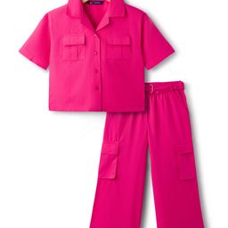 Pine Kids Cotton Sleeves Knit Half Sleeves Solid Color Shirt Style Top and Pant Set with Belt - Dark Pink-picture-45