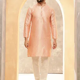 Anouk Peach Ethnic Motifs Woven Design Band Collar Jacquard Straight Kurta-image-17