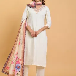 HERE&NOW Floral Embroidered Thread Work Straight Kurta With Trousers & Dupatta-image-92