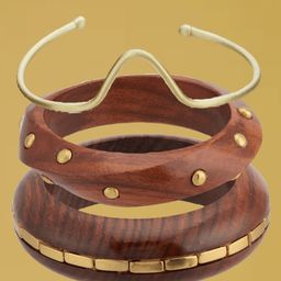 ATIBELLE Set Of 3 Gold-Plated Beaded & Round-Square Twisted Shaped Wooden Bangles-11