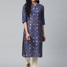 AURELIA Women Navy Blue & Golden Printed Straight Kurta-image-89