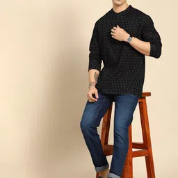 THE FAB FACTORY Bandhani Printed Band Collar Cotton Straight Short Kurta-image-43