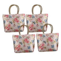 Kuber Industries 4-Pcs Floral Printed Silk Handle & 1 Outer Zip Pocket Small Handbags-38
