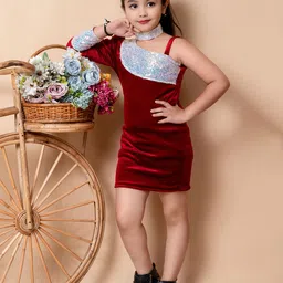 SPAMitude Girls Solid Embellished One Shoulder Sheath Above Knee Dress-image-35