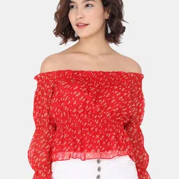 Trend Arrest Floral Print Off-Shoulder Chiffon Bardot Top-36