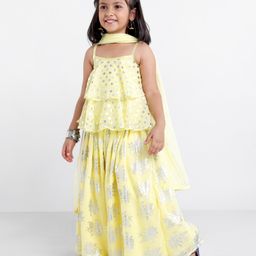 Saka Designs  Singlet Layered Choli & Lehenga With Dupatta Foil Print - Light Yellow-image-83