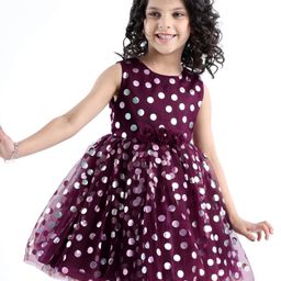 Babyhug Woven Sleeveless Party Frock with Floral Corsage - Wine-image-94
