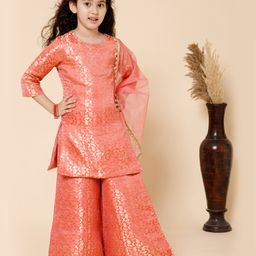 Piccolo Three Fourth Sleeves Floral Foil Printed  Kurta Pallazzo Set With Organza Dupatta - Pink-image-2