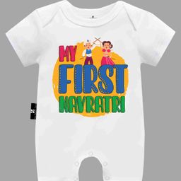The Peppy Tend Navratri Theme Half Sleeves My First Navratri Text Printed Romper - White-picture-46