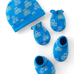 Babyhug 100% Cotton Interlock Knti Cap Mittens & Booties Set Alphabate Print -Blue-image-30