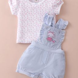 ToffyHouse 100% Cotton Knit Half Sleeves Printed T-Shirt & Dungaree  with Bear Embroidery - Lavender-image-58