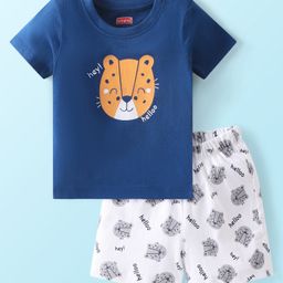 Babyhug Single Jersey Knit Half Sleeves Night Suit With Panther Print - Blue-image-33
