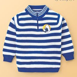 Babyoye 100% Cotton Knit Full Sleeves Striped Pullover Sweater with Snow Bear Design - Blue & White-image-55