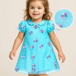 Babyoye WovenHalf Puffed Sleeves Floral & Sequin Embroidered Party Dress - Sky Blue-image-9
