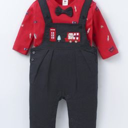 ToffyHouse Interlock Knit Full Sleeves Car Printed T-Shirt & Dungaree with Embroidery - Red-image-57