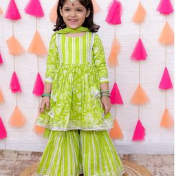 AATYA by Shruti Agarwal Cotton Three Fourth Sleeves Floral Printed & Lace Embellished Kurta Sharara With Dupatta Set - Green-image-81