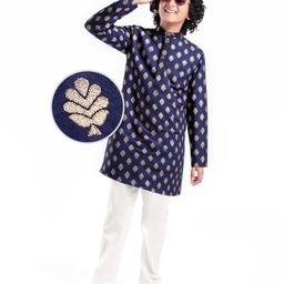 Pine Kids Full Sleeves Woven Kurta Pyjama Set with Floral Embroidery - Navy Blue-picture-14