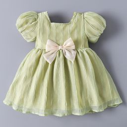 Mark & Mia Half Puffed Sleeves Textured Frock with Bow Applique - Light Green-picture-20