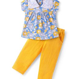 Babyhug Single Jersey Knit Half Sleeves Peter Pan Collared Top & Trouser Set with Floral Print - Yellow-image-33