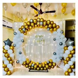 Bubble Trouble Happy Birthday Decoration Items For Baby Boys Girls Husband Wife | 72pcs Balloons 2pcs Net 1pc Banner Light Ribbon Arch Tape Glue Dots For Party (Golden White Silver | Pack of 79)-1