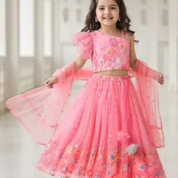 Babyhug Net Woven Off Shoulder Floral Sequenced Embroidered Choli Lehenga Set With and Dupatta - Pink-picture-20
