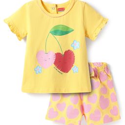 Babyhug Cotton Knit Half Sleeves Shorts Night Suit With Heart Print - Yellow-image-107