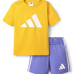 Adidas Kids Cotton Knit Half Sleeves T-Shirt & Shorts With Logo Print - Blue & Yellow-image-67