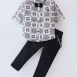 Radutu Full Sleeves Abstract Printed Shirt With Pant Suspender & Bow - White & Black-image-48