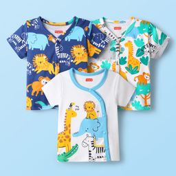 Babyhug 100% Cotton Interlock Knit Half Sleeves Front Open Vests With Animal Print Pack Of 3 - Navy Blue & White-7