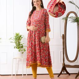 Bella Mama 100% Viscose Woven Three Fourth Sleeves Maternity Kurta With Embrodiered Yoke & Floral Print - Red-image-80