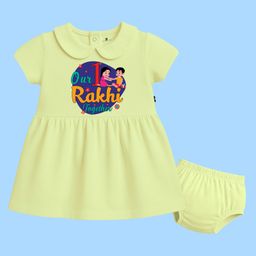The Peppy Tend 100% Cotton Knit Raksha Bandhan Theme Half Sleeves Our First Rakhi Together Text Printed Dress With Bloomer - Yellow-image-87