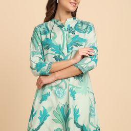 HERE&NOW Floral Printed Linen A-Line Kurti-image-8