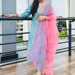 VredeVogel Floral Embroidered Regular Sequinned Kurta With Trousers & Dupatta-picture-11