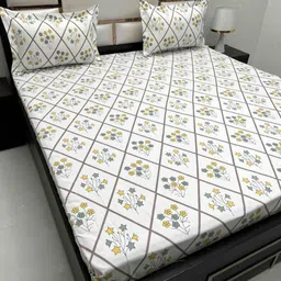 Pure Decor White & Yellow Floral 220 TC Queen Bedsheet with 2 Pillow Covers-picture-31