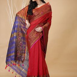 SLAGHA Ethnic Motifs Zari Silk Cotton Taant Saree-image-67