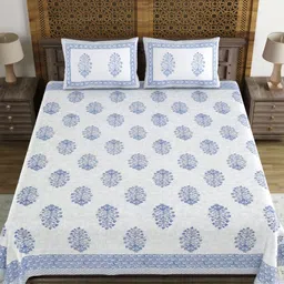 Sangria White & Blue Ethnic Motifs Pure Cotton 210TC Double King Bedsheet Set-2.74mx2.28m-image-62