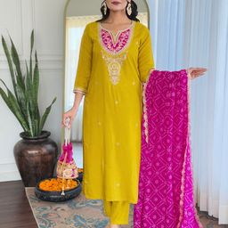 KALINI Paisley Embroidered Sequinned Notch Neck Straight Kurta With Trouser And Dupatta-picture-12