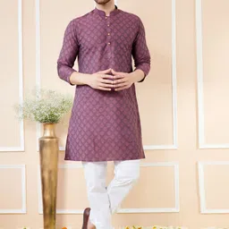 See Designs Ethnic Motifs Woven Design Mandarin Collar Silk Jacquard Straight Kurta-image-2