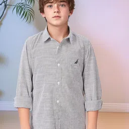 Nautica Boys Premium Fit Vertical Striped Spread Collar Cotton Casual Shirt-image-23