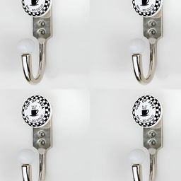 IndianShelf Silver-Toned & White 4 Pieces Tea Cup Printed Ceramic & Zinc Wall Hooks-4