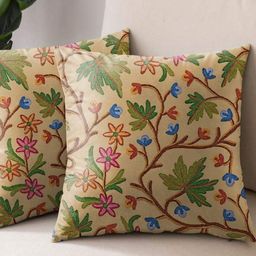 Aura Beige & Green 2 Pieces Floral Printed Square Cushion Covers-picture-34