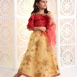 Babyhug Half Sleeves Thread Embroidered Choli & Lehenga With Netted Dupatta - Red & Beige-picture-30