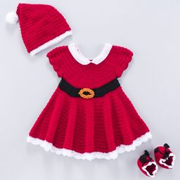 USHA ENTERPRISES  Santa Girl Handmade Short Sleeves Frock With Cap & Booties - Red & White-image-94