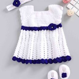 USHA ENTERPRISES Short Sleeves Floral Applique Dress With Headband & Booties - White-image-1