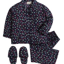 Piccolo Butterfly Print Full Sleeves Night Suit With Slippers - Navy-image-18