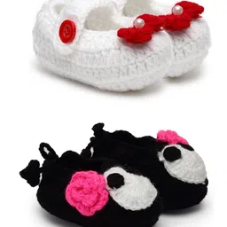 MayRa Knits Set Of 2 Hand Knitted Flower Design Booties - White Black-picture-24